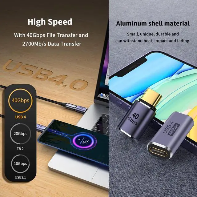 Alt view image 4 of 6 - BUCIER 5-Pack USB C Adapter 40Gbps, 90 Degree Right Angle USB C Adapter 100W, PD 3.1 Type C Male to Female Extender Adapter Support 8K Video for Thunderbolt 4/3, Laptop, Tablet, Phones