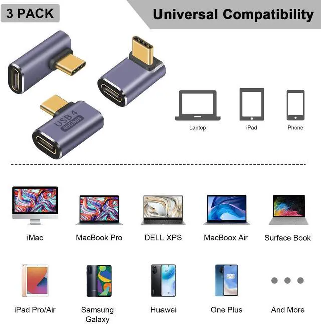 Alt view image 2 of 6 - BUCIER 3-Pack USB C Adapter 40Gbps, 90 Degree Right Angle USB C Extender PD 100W Type C Extension Connector with 8K Video for Thunderbort 4/3, HUB, Docking, Tablet