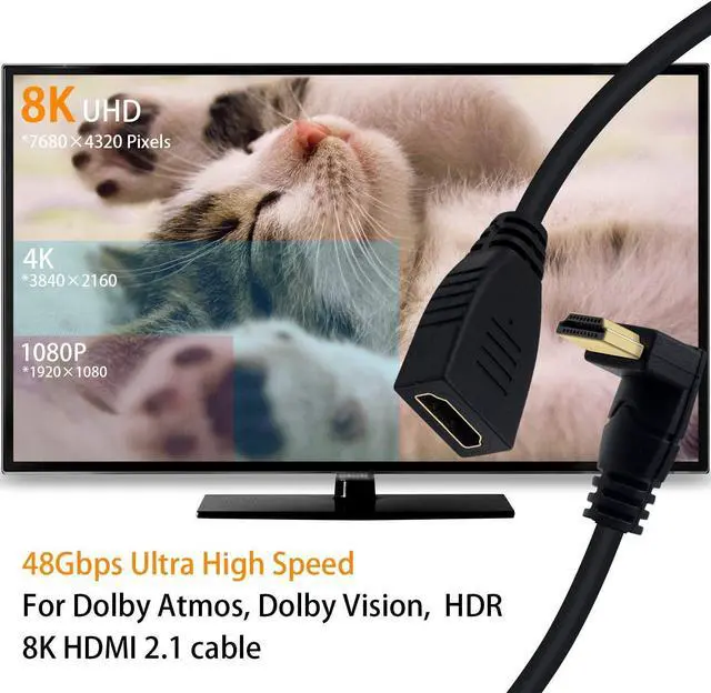 Alt view image 4 of 7 - BUCIER 8K HDMI Extension Cable 2ft, 48Gbps 90 Degree Down Angle Male to Female HDMI 2.1 Cable Support High Speed 3D Ultra HDR 8K@60Hz, 4K@120Hz for PC, Laptop, Xbox, PS5