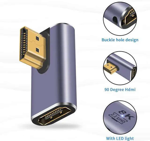 Alt view image 6 of 6 - BUCIER HDMI 90 Degree Adapter 8k, Right Angle HDMI 2.1 Adapter, 48Gbps HDMI Male to Female Adapter Extender Connector Supports 8K@60Hz, 4K@120Hz, 3D HDR for Laptop,DVD,TV, Monitors,PS5 (2Pack)