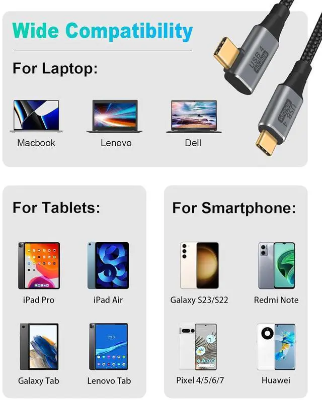 Alt view image 5 of 7 - BUCIER 1.5ft USB C to USB C Cable, Right Angle 90 Degree Type C Charger Cord, 8K@60Hz 100W PD 40Gbps Data Transfer Braided Type C Charging Cable for Galaxy S23, iPhone 15, MacBook