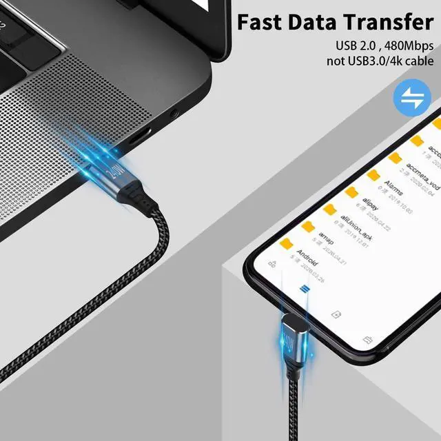 Alt view image 3 of 7 - BUCIER USB C 90 Degree Cable 1.5ft, 240W Fast Charging PD 3.1 Type C to Type C Cable Short Braided 3A 90 Degree Up Down Angle USB C Cable for iPad Pro Galaxy Air MacBook