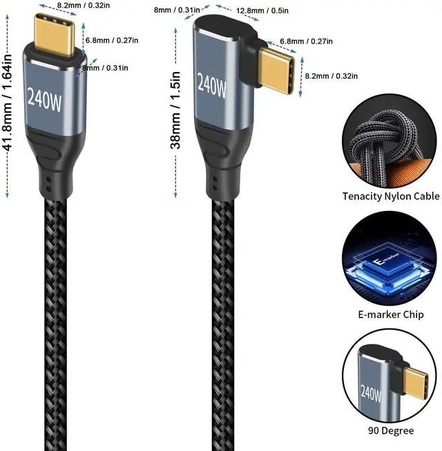 Alt view image 5 of 7 - BUCIER 240W USB C to USB C Cable 1.5ft, Short Type C 90 Degree Charging Cable, Nylon Braided PD 3.1 Right Angle Fast Charger Cord Compatible for MacBook Pro, iPad Pro