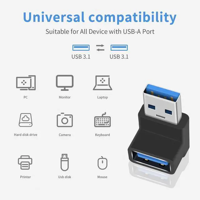 Alt view image 5 of 7 - BUCIER 90 Degree USB 3.0 Adapter, 10Gbps USB Extender Adapter, Type A Male to Female Cable Adapter, UP Angle Type A to A Adapter for Hard Drive, Keyboard, Laptop, 2Pack