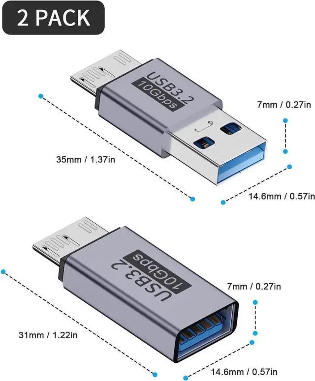Alt view image 7 of 7 - BUCIER USB A to Micro B Adapter (2 Styles), USB to Micro B Male Female Converter for 10Gbps Data Charging Hard Drive Cable for External Hard Drives