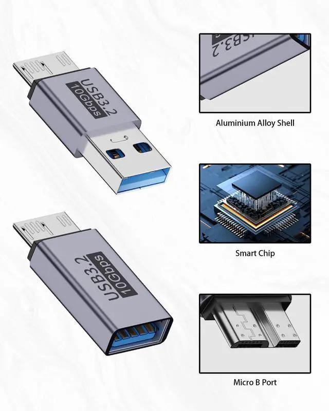 Alt view image 6 of 7 - BUCIER USB A to Micro B Adapter (2 Styles), USB to Micro B Male Female Converter for 10Gbps Data Charging Hard Drive Cable for External Hard Drives