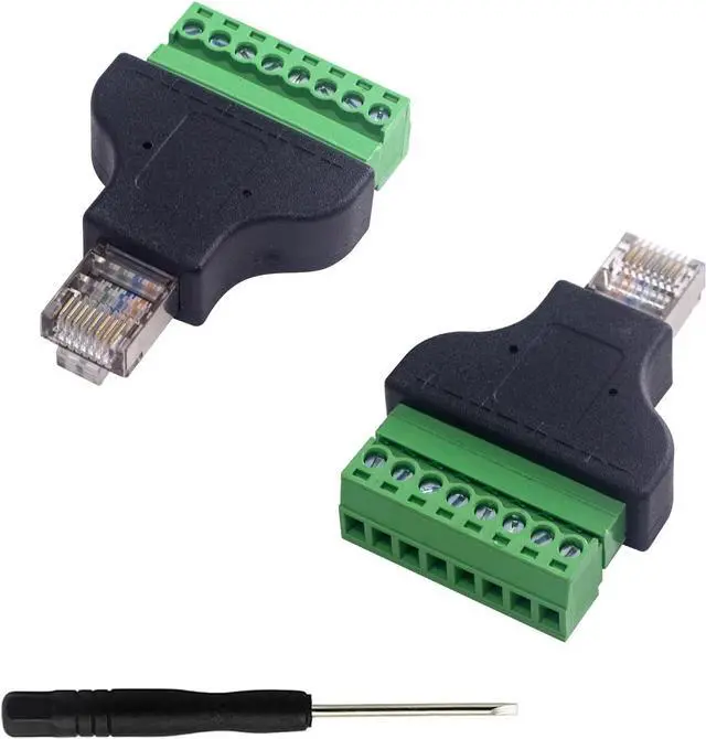 Main image of BUCIER RJ45 Screw Terminal Adapter 2-Pack, Network Ethernet Adapter, RJ45 Breakout Board 8p8c Male to 8 Pin AV Terminal Screw Converter Block Plug for CCTV, Cat5, Cat6
