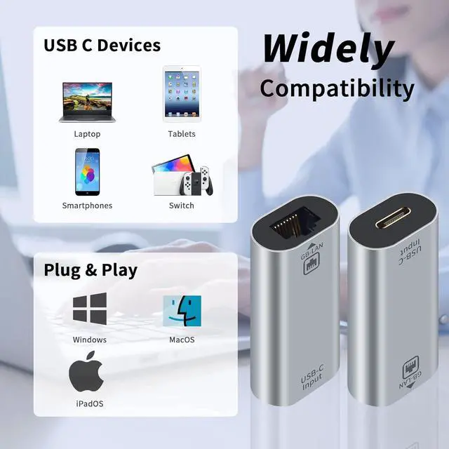 Alt view image 4 of 6 - BUCIER USB C to RJ45 Ethernet Adapter Gigabit, RJ45 Female to USB C Female Adapter, Up to 1000/100/10Mbps Ethernet LAN Network Adapter Compatible for iPad, MacBook Pro, 1Pack