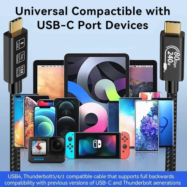 Alt view image 7 of 7 - USB4 Cable, with Thunderbolt 5 Cable, 240 W Charging Cable, 80 Gbps Data Cable, gen4 cable,16K@60Hz 4K120Hz HDR, USB C to USB C Cable, for Hub, Dock, M2, M3, SSD, Laptops, Monitor (TB5 80G 240W 0.5M)