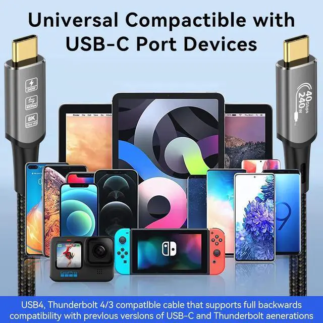 Alt view image 7 of 7 - USB4 Cable with Thunderbolt 4, 240W Charging, 40Gbps Data, 8K@60Hz 4K120Hz HDR, PD3.1, USB C to USB C, for MacBook M1-M3, Mac Studio, Laptops, Monitor 6.6FT