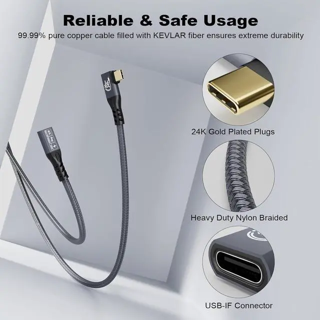 Alt view image 6 of 7 - BUCIER 20Gbps USB C 3.2 Extension Cable, 90 Degree USBC 3.2 Gen2 Type-c Male to Female Extender Cable 4K@60Hz 240W Charging 20Gbps Data Transfer with External SSD eGPU (90 Degree Extension 0.25M)