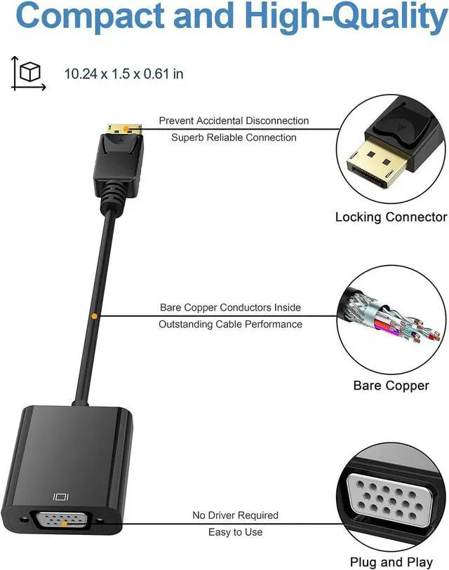 Alt view image 3 of 7 - BUCIER DisplayPort (DP) to VGA Adapter, Gold-Plated Display Port to VGA Adapter (Male to Female) Compatible with Computer, Desktop, Laptop, PC, Monitor, Projector, HDTV - Black 2 Pack