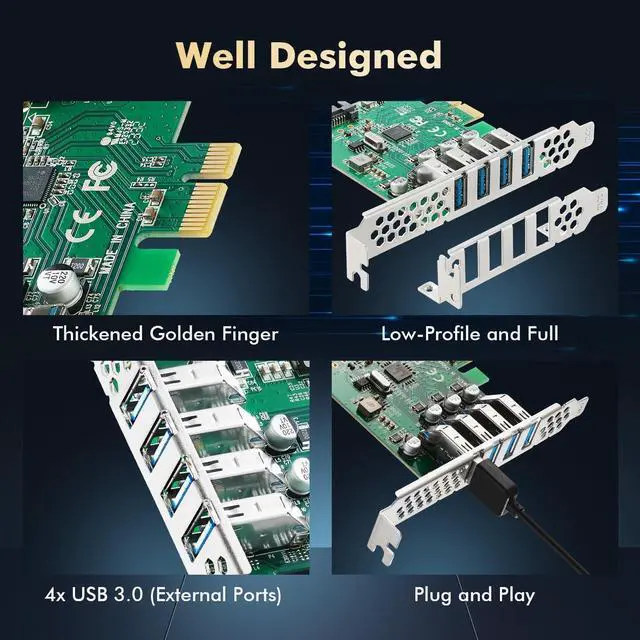 Alt view image 5 of 7 - BUCIER PCIE to 4 Ports USB 3.0 Expansion Card, Self-Powered, Low Profile Bracket, USB3 Hub Controller Adapter for Windows 10/11