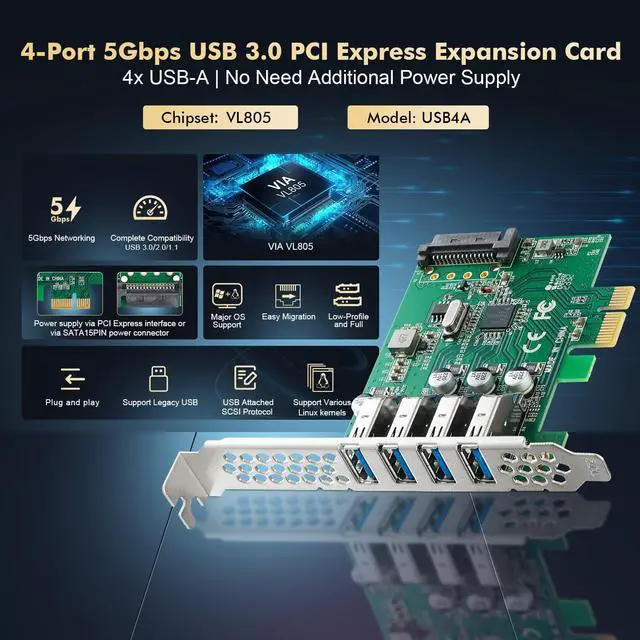 Alt view image 2 of 7 - BUCIER PCIE to 4 Ports USB 3.0 Expansion Card, Self-Powered, Low Profile Bracket, USB3 Hub Controller Adapter for Windows 10/11