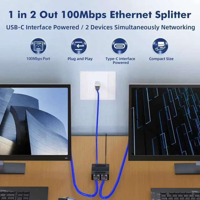 Alt view image 2 of 7 - BUCIER 1 to 2 Network Splitter, 3 Port Ethernet Switch, 10/100Mbps, Type-C Power Supply, Mini Size Plug and Play