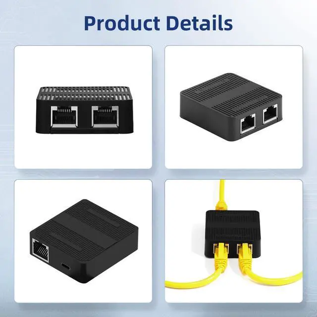 Alt view image 6 of 7 - BUCIER 1 to 2 Network Splitter, 3 Port Ethernet Switch, 10/100Mbps, Type-C Power Supply, Mini Size Plug and Play