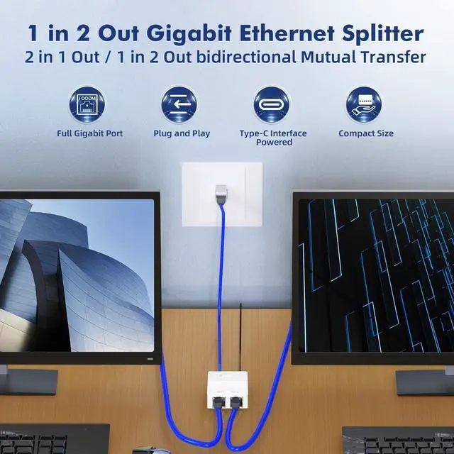 Alt view image 2 of 7 - BUCIER 1 to 2 Gigabit Network Splitter, 3 Port Gigabit Ethernet Switch, Type-C Power Supply, Mini Size Plug and Play (White)