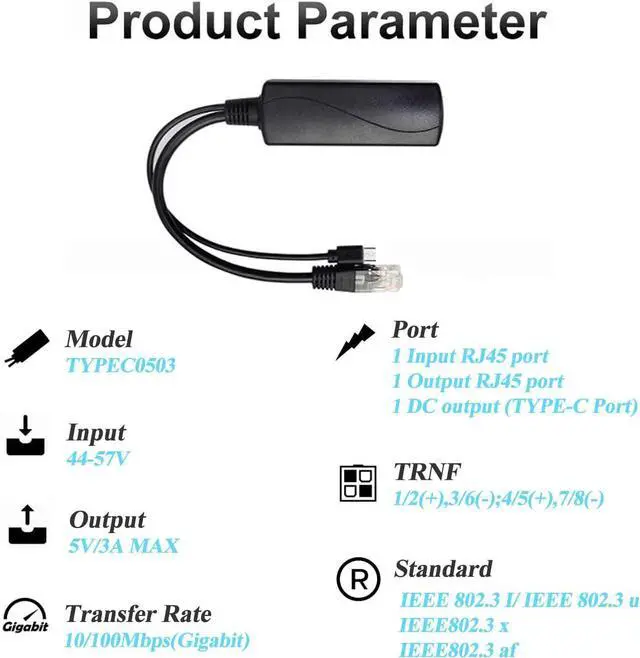 Alt view image 3 of 7 - BUCIER Type C PoE Splitter 5V 3A, IEEE 802.3af Standard, 10/100Mbps Type C Power Over Ethernet Splitter with RJ45 Port and TYPEC Port