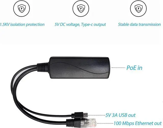 Alt view image 2 of 7 - BUCIER Type C PoE Splitter 5V 3A, IEEE 802.3af Standard, 10/100Mbps Type C Power Over Ethernet Splitter with RJ45 Port and TYPEC Port
