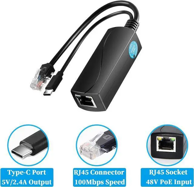 Alt view image 3 of 6 - BUCIER Type C PoE Splitter 5V 2.4A Output, IEEE 802.3af Standard 10, 100Mbps for Type C RJ45 Port Power Over Ethernet Type C Splitter Adapter