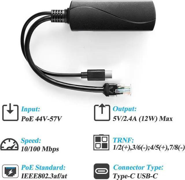 Alt view image 4 of 6 - BUCIER Type C PoE Splitter 5V 2.4A Output, IEEE 802.3af Standard 10, 100Mbps for Type C RJ45 Port Power Over Ethernet Type C Splitter Adapter