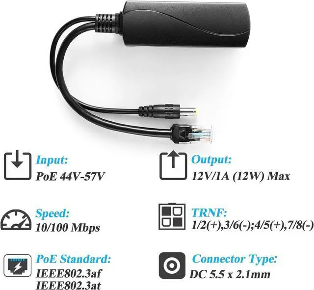 Alt view image 4 of 7 - BUCIER Active PoE Splitter 12V 1A Output with IEEE 802.3af Standard Compliant 10,100Mbps Power Over Ethernet Splitter Adapter for Security IP Camera CCTV Surveillance Device 5.5x2.1mm (PS5712P Black)