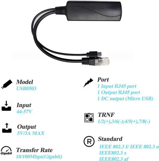 Alt view image 4 of 6 - BUCIER Micro USB PoE Splitter 5V 3A, IEEE 802.3af/at Standard 10/100Mbps for Raspberry Pi 3B, Tablets, Dropcam Power Over Ethernet USB Splitter Adapter