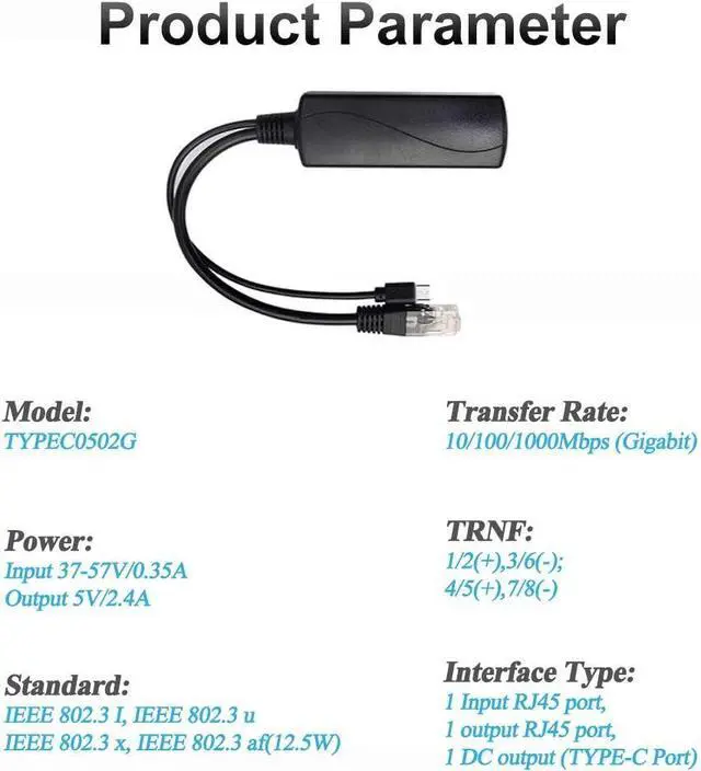 Alt view image 4 of 7 - BUCIER Gigabit Type C PoE Splitter 5V 2.4A, IEEE 802.3af Standard, 10/100/1000Mbps Type C Power Over Ethernet Splitter for 5v Devices, iPads, USB, Dropcam, Raspberry Pi