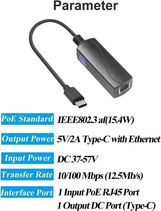 Alt view image 2 of 7 - BUCIER PoE to USB C Adapter Converter, Convert POE to Output 5V/2A Type-C with Ethernet, IEEE802.3af with 10/100Mbps, Wired Broadband and PD Charging for Smart Phone/Tablet, Plug and Play (P2C5V)