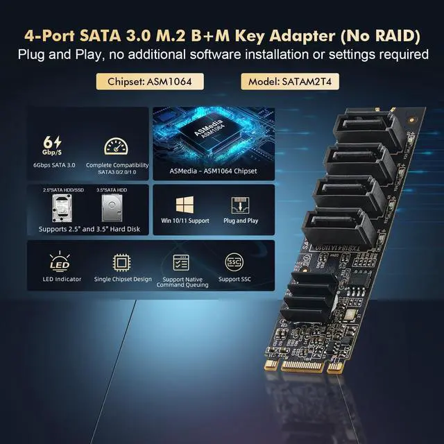 Alt view image 2 of 7 - BUCIER M.2 to SATA Card 4 Port, 6Gbps SATA 3.0 Controller, Includes 4 SATA Cables, for Windows 10/11