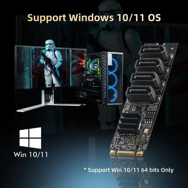 Alt view image 6 of 7 - BUCIER M.2 to SATA Card 4 Port, 6Gbps SATA 3.0 Controller, Includes 4 SATA Cables, for Windows 10/11