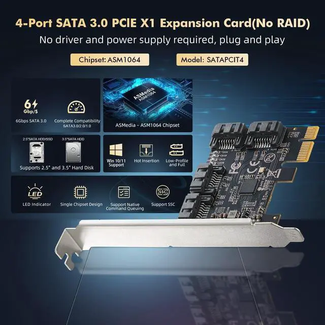 Alt view image 2 of 7 - BUCIER PCIE X1 to SATA Card 4 Port, 6Gbps SATA 3.0 Controller, Includes 4 SATA Cables and Low Profile Bracket, for Windows 10/11