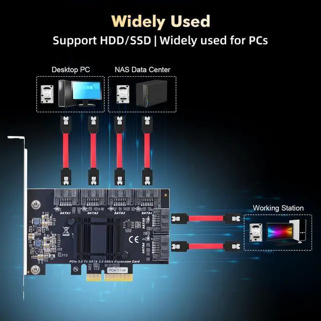 Alt view image 5 of 7 - BUCIER PCIE X4 to SATA Card 6 Port, 6Gbps SATA 3.0 Controller, Includes 6 SATA Cables and Low Profile Bracket, for Windows 10/11