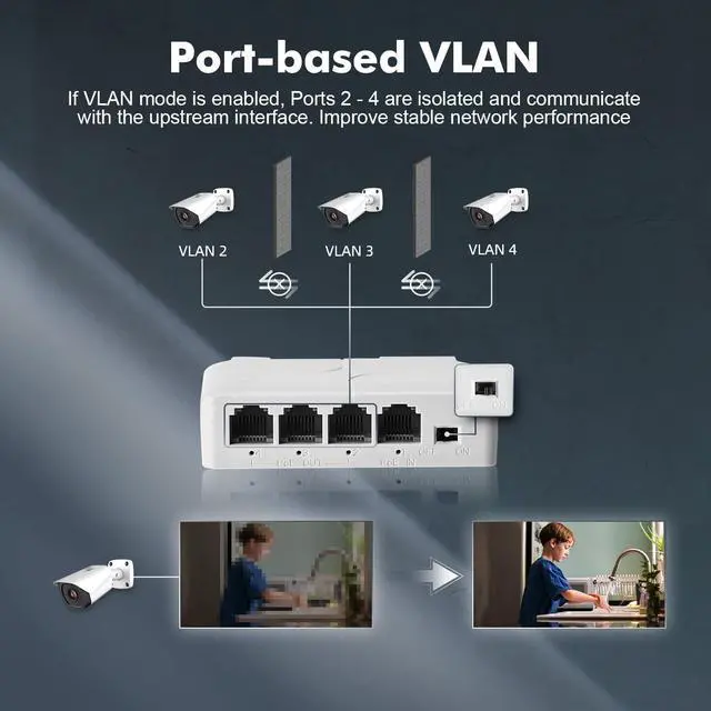 Alt view image 7 of 7 - BUCIER PoE Passthrough Switch, 1 PoE in 3 PoE Out Extender, IEEE802.3af/at PoE Powered, 100Mbps Ethernet, din-Rail & Wall Mount