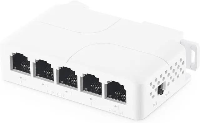 Main image of BUCIER PoE Passthrough Switch, 1 PoE in 4 PoE Out Extender, IEEE802.3af/at/bt PoE Powered 90W, 100Mbps Ethernet, Din Rail & Wall Mount Plug and Play