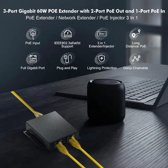 Alt view image 2 of 7 - BUCIER Gigabit PoE Extender Passthrough Switch, 1 PoE in 2 PoE Out, IEEE802.3af/at/bt PoE Powered Max 60W, Hi-PoE 90W, 10/100/1000Mbps, Metal Small Wall Mount PoE Extender/Injector/Network Extender