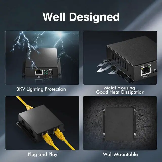 Alt view image 5 of 7 - BUCIER Gigabit PoE Extender Passthrough Switch, 1 PoE in 2 PoE Out, IEEE802.3af/at/bt PoE Powered Max 60W, Hi-PoE 90W, 10/100/1000Mbps, Metal Small Wall Mount PoE Extender/Injector/Network Extender