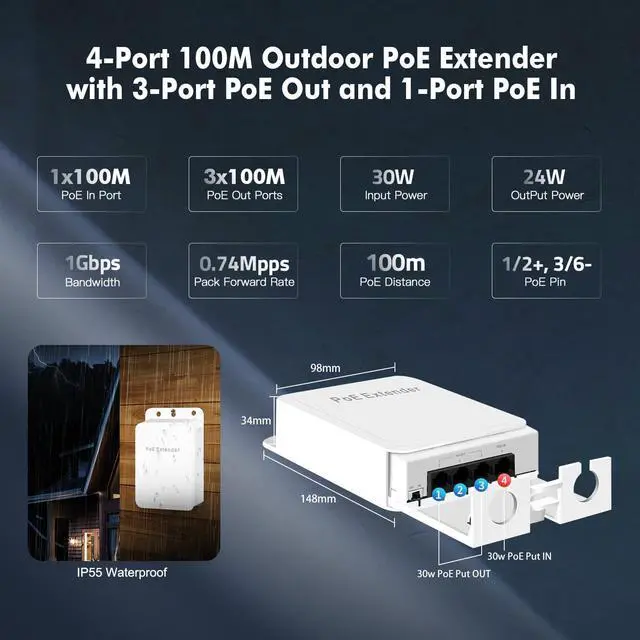 Alt view image 6 of 7 - BUCIER Outdoor PoE Passthrough Switch - 1 In 3 Out Extender, IEEE802.3af/at Powered, 100Mbps Ethernet, Wall Mount Waterproof Plug and Play