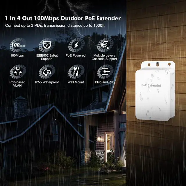 Alt view image 2 of 7 - BUCIER Outdoor PoE Passthrough Switch, 1 PoE in 4 PoE Out Extender, IEEE802.3af/at/bt PoE Powered 90W, 100Mbps Ethernet, Wall Mount Waterproof Plug and Play