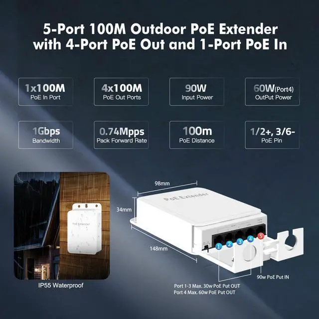 Alt view image 6 of 7 - BUCIER Outdoor PoE Passthrough Switch, 1 PoE in 4 PoE Out Extender, IEEE802.3af/at/bt PoE Powered 90W, 100Mbps Ethernet, Wall Mount Waterproof Plug and Play