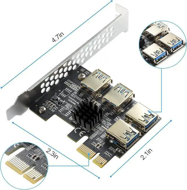 Alt view image 7 of 7 - BUCIER PCI-E 1 to 4 PCI-Express 16X Slots Riser Card - Higher Stability USB 3.0 Adapter Multiplier Card for Bitcoin Mining Compatible with Windows Linux Mac(No USB Cables)
