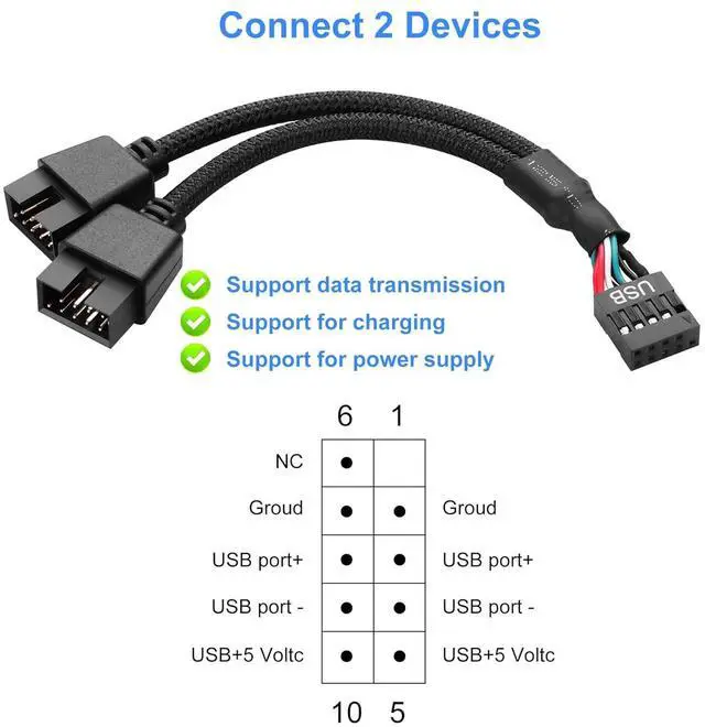 Alt view image 3 of 7 - BUCIER 2 Pack Motherboard USB 2.0 9Pin Header Splitter 9 Pin USB 2.0 Female to Dual 9 Pin Male Extension Header Cable Nylon Braided for PC Computer Internal Motherboard (Black)