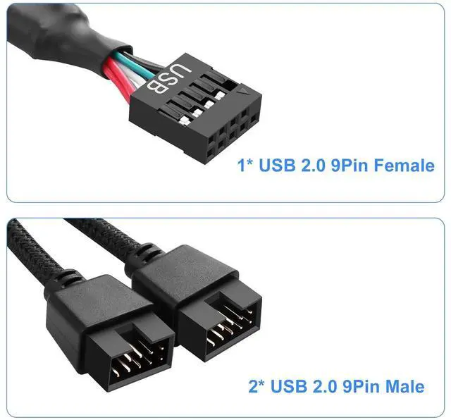 Alt view image 4 of 7 - BUCIER 2 Pack Motherboard USB 2.0 9Pin Header Splitter 9 Pin USB 2.0 Female to Dual 9 Pin Male Extension Header Cable Nylon Braided for PC Computer Internal Motherboard (Black)