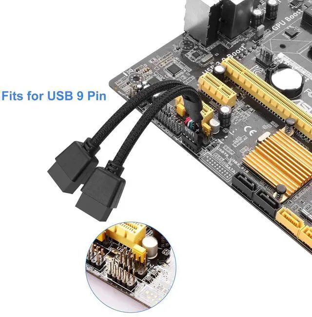 Alt view image 2 of 7 - BUCIER 2 Pack Motherboard USB 2.0 9Pin Header Splitter 9 Pin USB 2.0 Female to Dual 9 Pin Male Extension Header Cable Nylon Braided for PC Computer Internal Motherboard (Black)