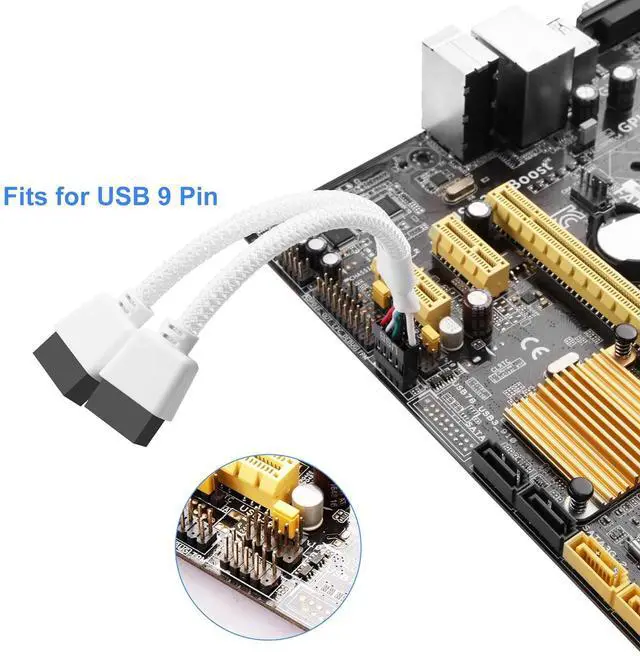 Alt view image 2 of 7 - BUCIER 2 Pack Motherboard USB 2.0 9Pin Header Splitter 9 Pin USB 2.0 Female to Dual 9 Pin Male Extension Header Cable Nylon Braided for PC Computer Internal Motherboard (White)