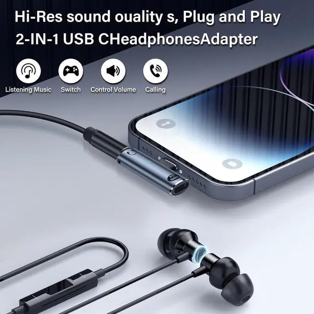 Alt view image 2 of 7 - BUCIER USB C to 3.5mm Audio Adapter USB Type C to Aux Female Headphones Jack& 100W 2-in-1 PD Power Supply Adapter DAC USB C Headphone Adapter for USB C Devices Without 3.5mm Interface