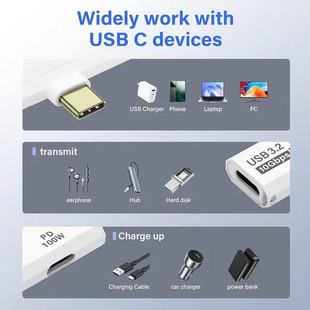 Alt view image 7 of 7 - BUCIER USB C 3.2 Adapter 10Gbps USB C Male to Female with 100W PD Power Supply Adapter for Laptop Tablet Phone - White