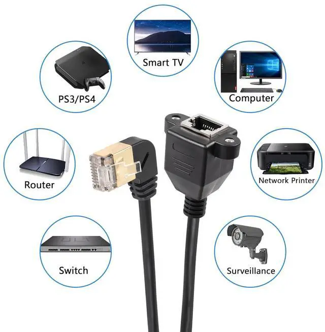 Alt view image 6 of 6 - BUCIER 90 Degree Left Angle Cat8 LAN Cable, RJ45 Male to Female Shielded Ethernet Network Connector Screw Panel Mount Extension Cable for Router Modem TV PC Computer Laptop 0.5M(M/F Left)