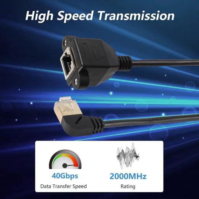 Alt view image 2 of 6 - BUCIER 90 Degree Right Angle Cat8 LAN Cable, RJ45 Male to Female Shielded Ethernet Network Connector Screw Panel Mount Extension Cable for Router Modem TV PC Computer Laptop 0.5M(M/F Right)