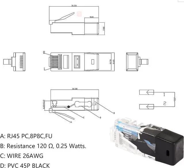 Alt view image 2 of 7 - BUCIER RJ45 Network Test Adapter, 8P8C Network Plug 120 Ohms 0.25 Watts,RJ45 Connectors, for Device Network Testing 5 PCS